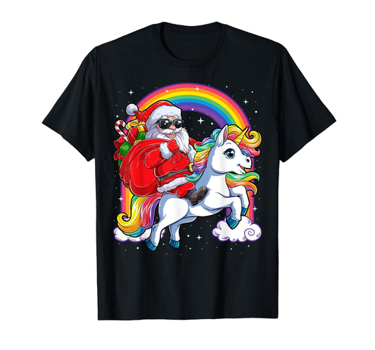 Christmas Santa Riding Unicorn Xmas Girls Women Rainbow Short Sleeve T-Shirt