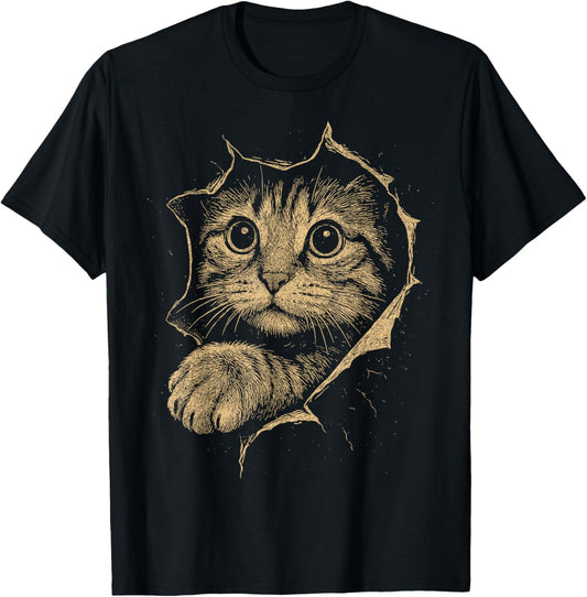 Vintage Cute Cat Kitten Tearing Through T-Shirt