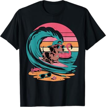 Cool Dachshund Surfing Wave With Flamingo And Sunset Vibe T-Shirt