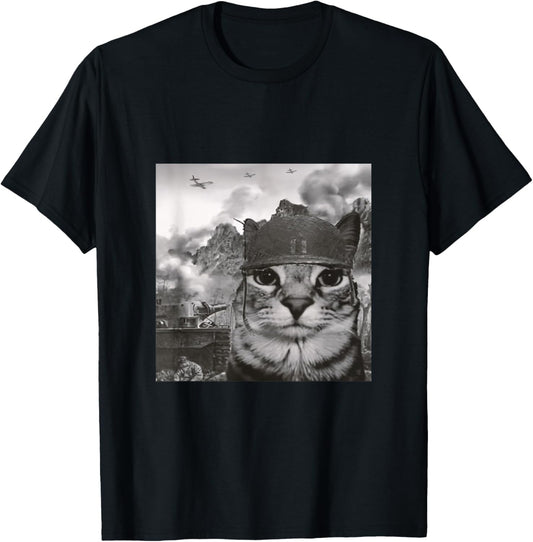 War Cat in the Battlefield, Kitten Soldier Selfie in Battle T-Shirt