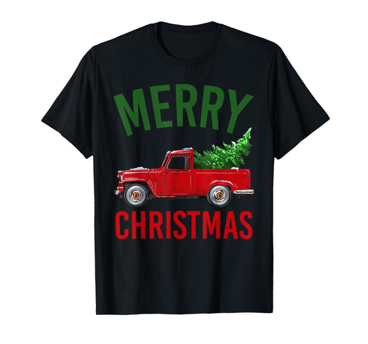 Red Vintage Wagon Tree Vacation Gift Red Truck Christmas T-Shirt