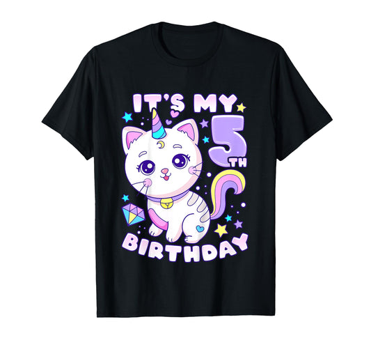 Birthday girl 5 years old, cat, unicorn, 5th birthday T-Shirt