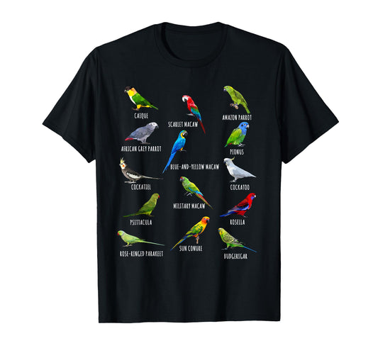 Different Parrot Species Biology Types Bird Identification T-Shirt