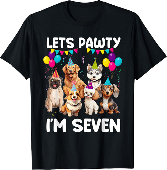 Lets Pawty I'm Seven 7th Birthday Dogs Lover 7 Years Old T-Shirt