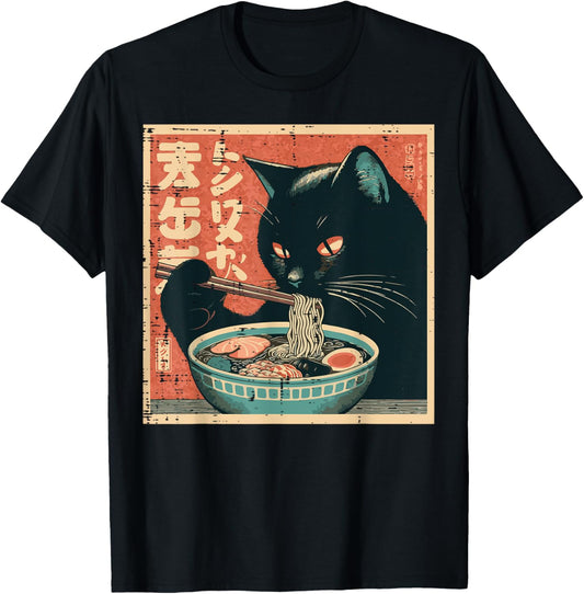Japanese Black Cat Eating Ramen Kitten Food Men Women Kids T-Shirt