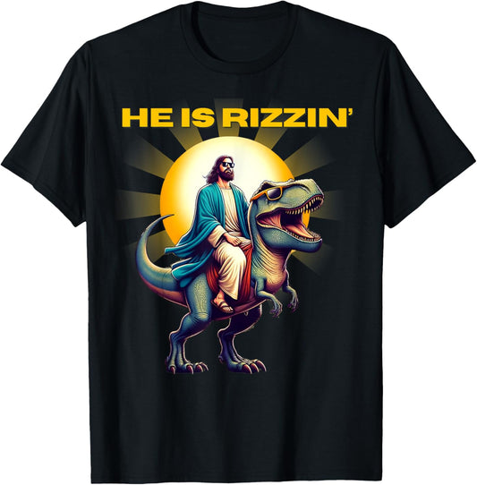 He Is Rizzen Jesus Has Rizzen Retro Christian Dinosaur T-Shirt