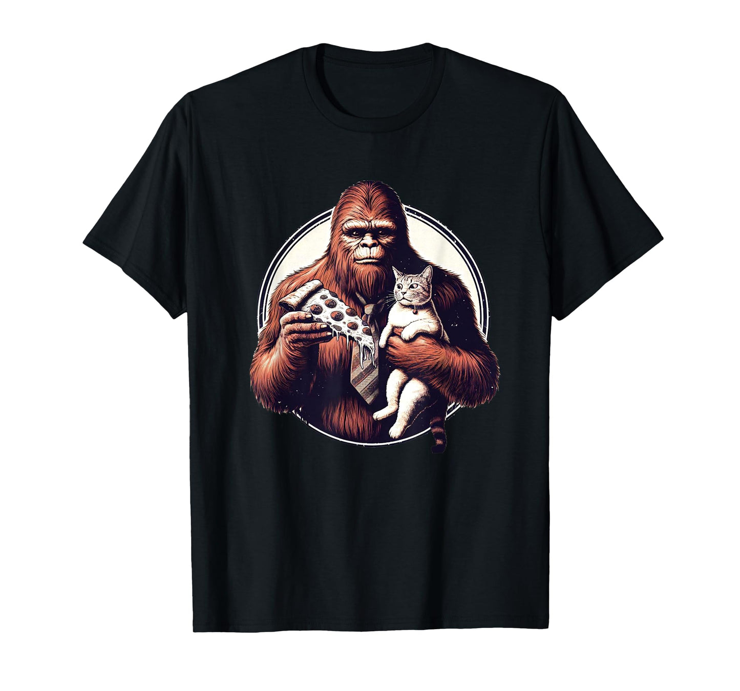 Funny Bigfoot Sasquatch Pet Cat Eating Pizza Adventures T-Shirt for Men Women Kids