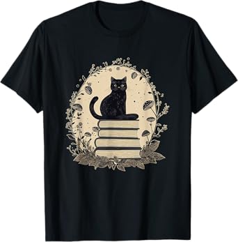 Cute Cat Sitting On Books With Mushrooms - Cottage Core T-Shirt