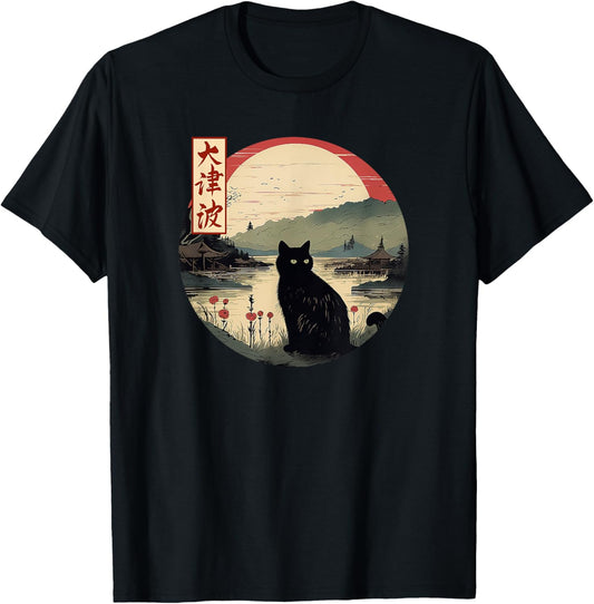 Japanese Red Sunset and Black cat Kanji Japan art T-Shirt