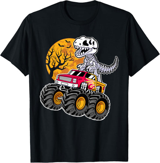 Dinosaur T Rex Skeleton Riding Monster Truck Boys Kids T-Shirt