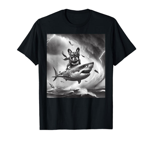 Funny Dog French Bulldog Riding a Shark in Tornado Meme T-Shirt