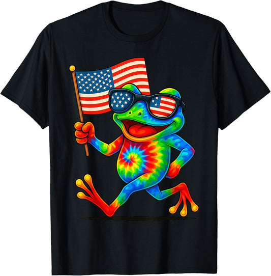 Funny Cool Peace Frog Tie Dye US Flag 4th Of July T-Shirt