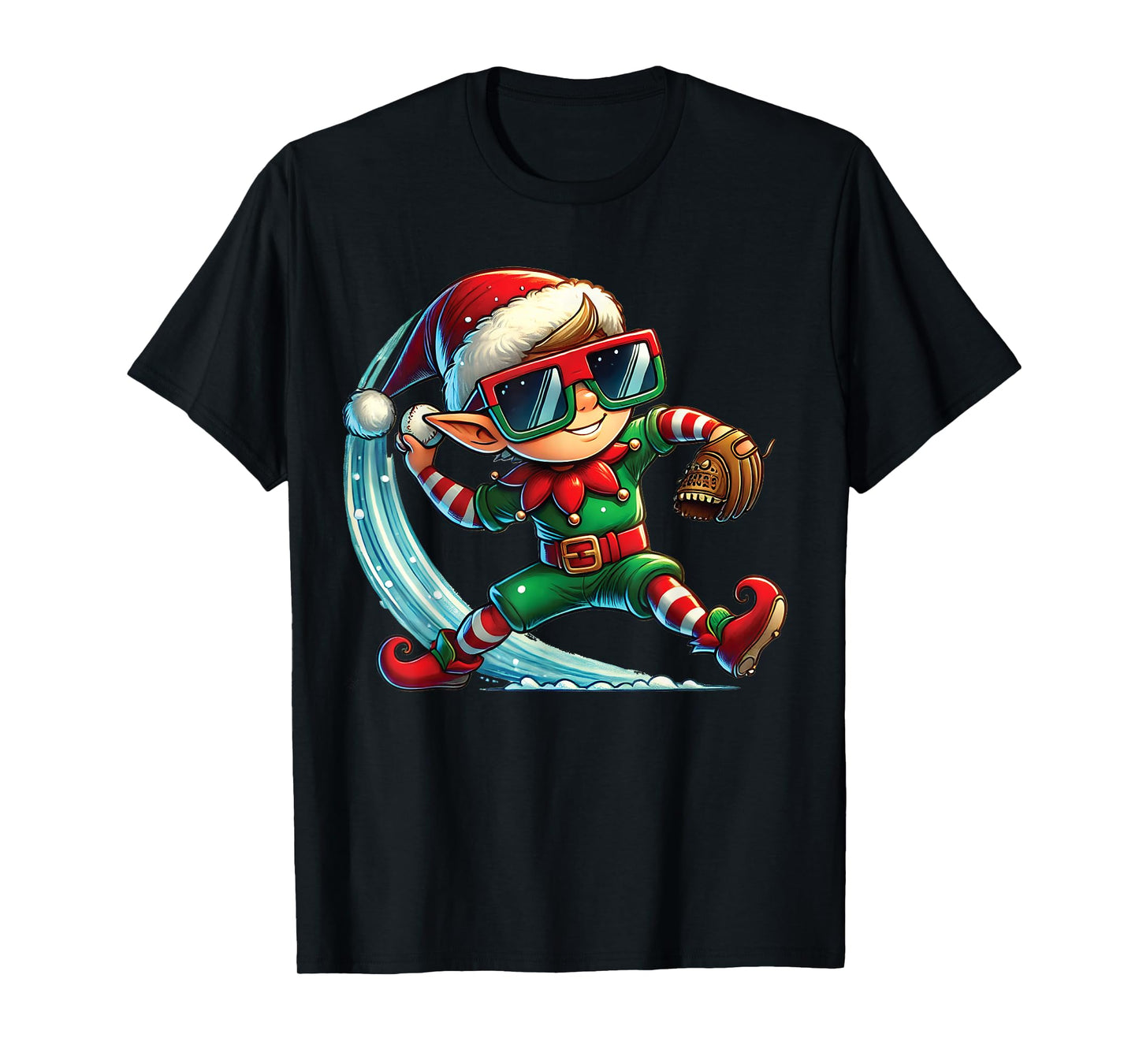 Elf Playing Baseball as Pitcher Boys Kids Teens Christmas T-Shirt