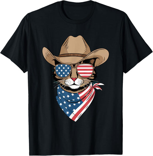 4th Of July Cat For Cowboy Lover USA American flag Cat T-Shirt