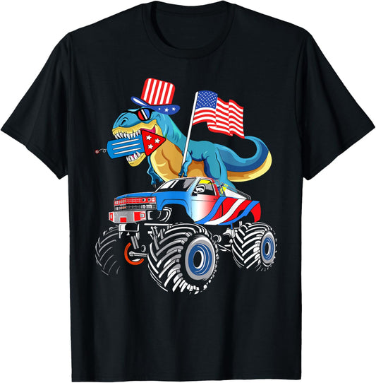 4th Of July kids boys dinosaur Firework American Flag usa T-Shirt