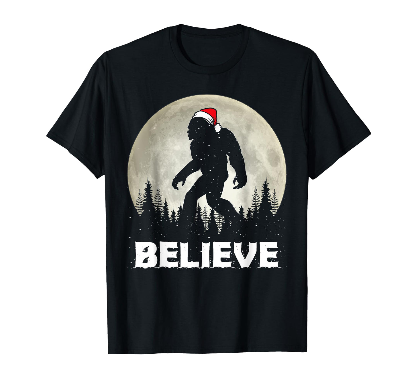 Santa Hat Bigfoot Believe Christmas Lights Rock Sasquatch T-Shirt