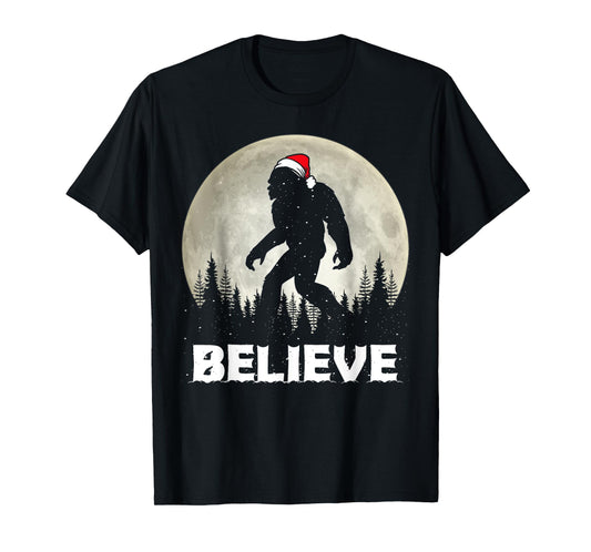 Santa Hat Bigfoot Believe Christmas Lights Rock Sasquatch T-Shirt