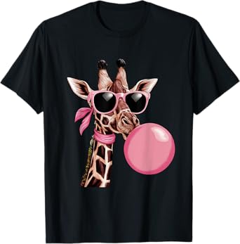 Funny Cute Giraffe Pink Bubble Gum and Pink Sunglasses T-Shirt