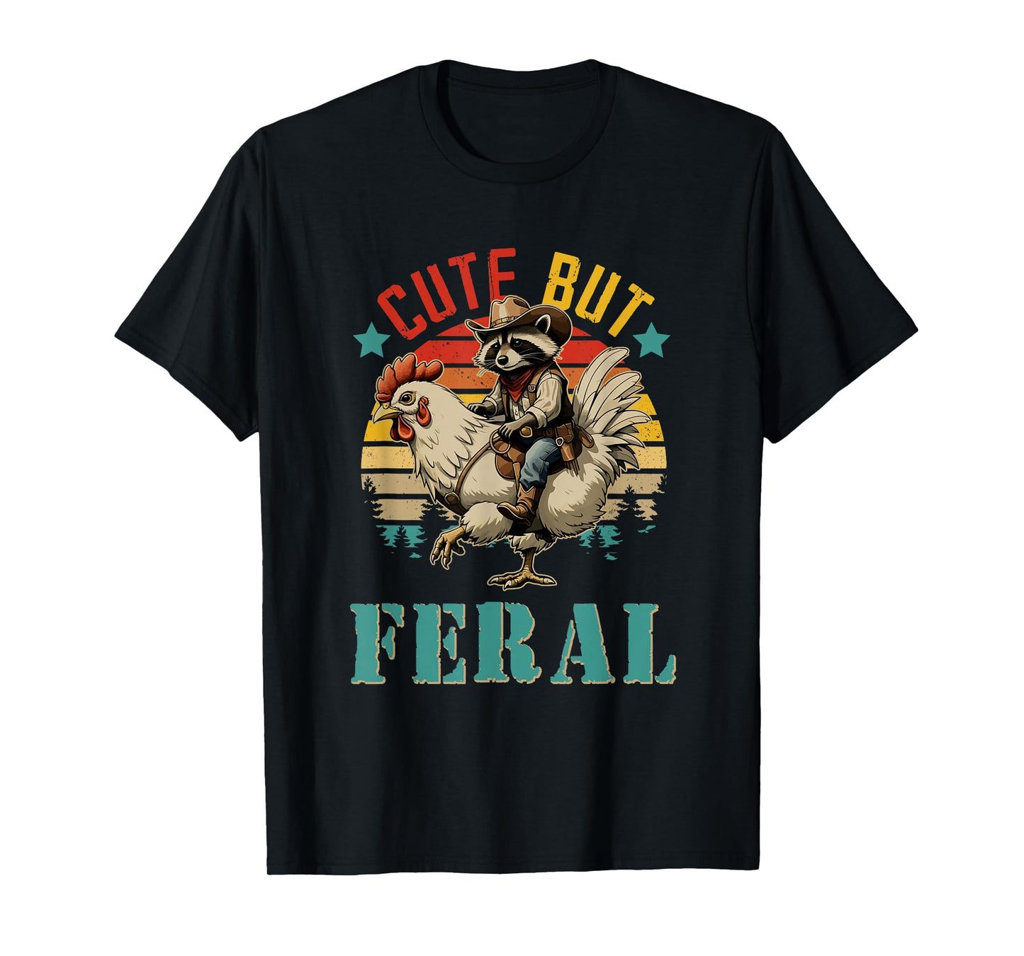 Vintage Cute But Feral Funny Raccoon Riding Chicken Farmer T-Shirt