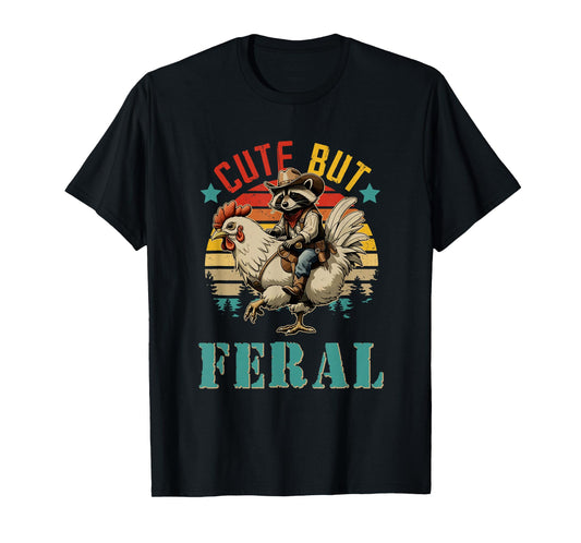 Vintage Cute But Feral Funny Raccoon Riding Chicken Farmer T-Shirt