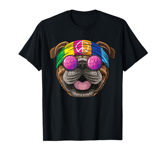 Hippie Bulldog Love Peace Sign 70s Hippie T-Shirt