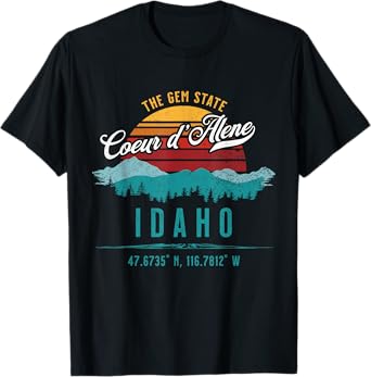 Retro Coeur d'Alene Idaho Mountains Sun Vintage Souvenir T-Shirt