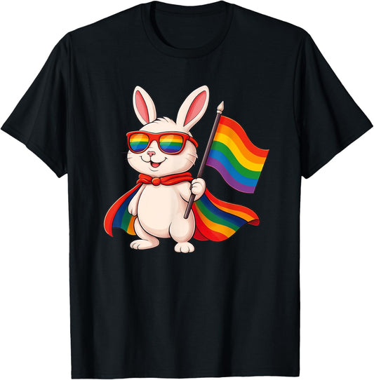 Bunny Cute Gay Pride LGBT Sunglasses Cape Rainbow Flag T-Shirt