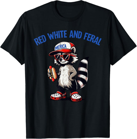 Red White And Feral 4th Of July Raccoon Hot Dog Kids America T-Shirt