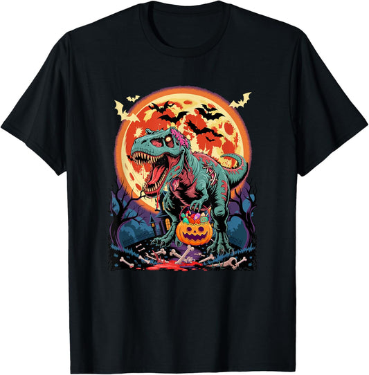 T-Rex Cosplay Zombie Carved Pumpkin Basket Halloween Candies T-Shirt