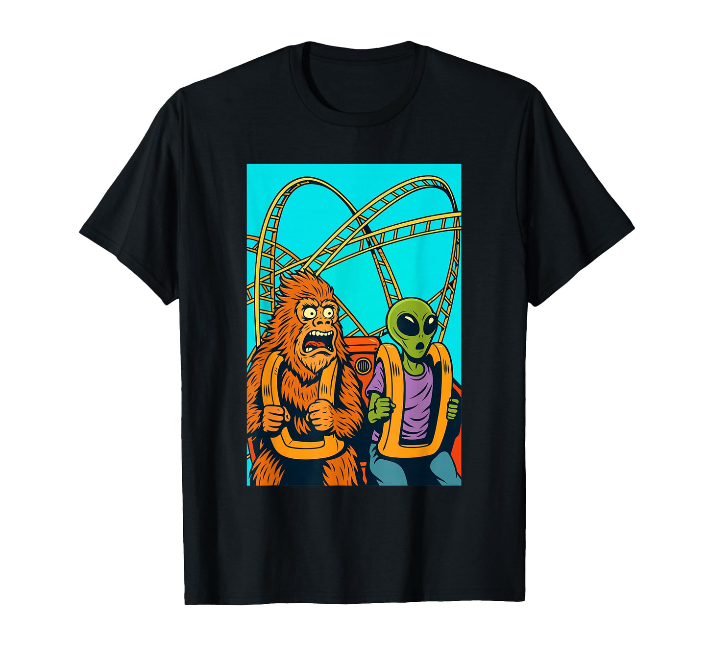 Bigfoot and Alien Riding Roller Coaster Amusement Theme Park T-Shirt