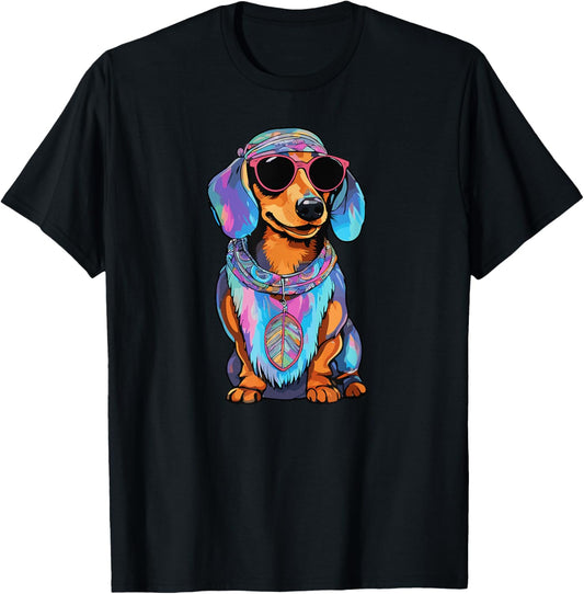 Colorful Tie Dye Hippie Dachshund Dog Wearing Sunglasses T-Shirt