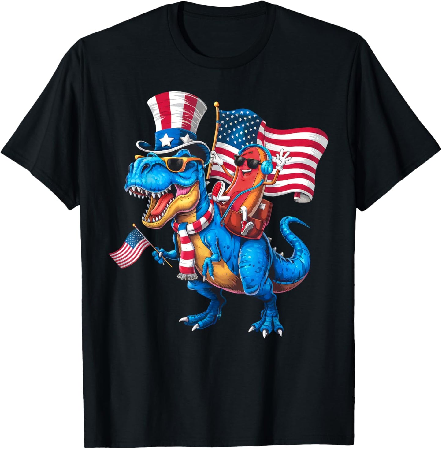 Funny Hotdog Riding Dinosaur TRex 4th Of July USA Flag Men Women Kids T-Shirt