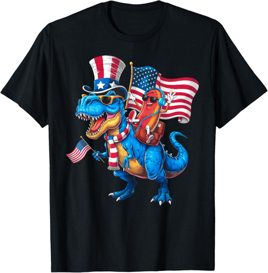 Funny Hotdog Riding Dinosaur TRex 4th Of July USA Flag Men Women Kids T-Shirt