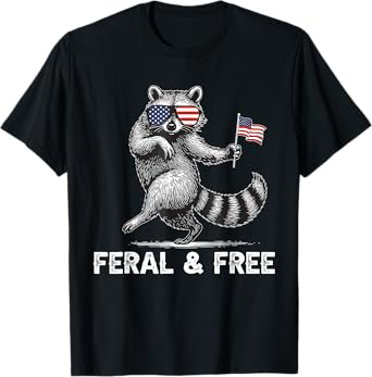 Patriotic Raccoon Feral But Free USA Flag 4th Of July T-Shirt