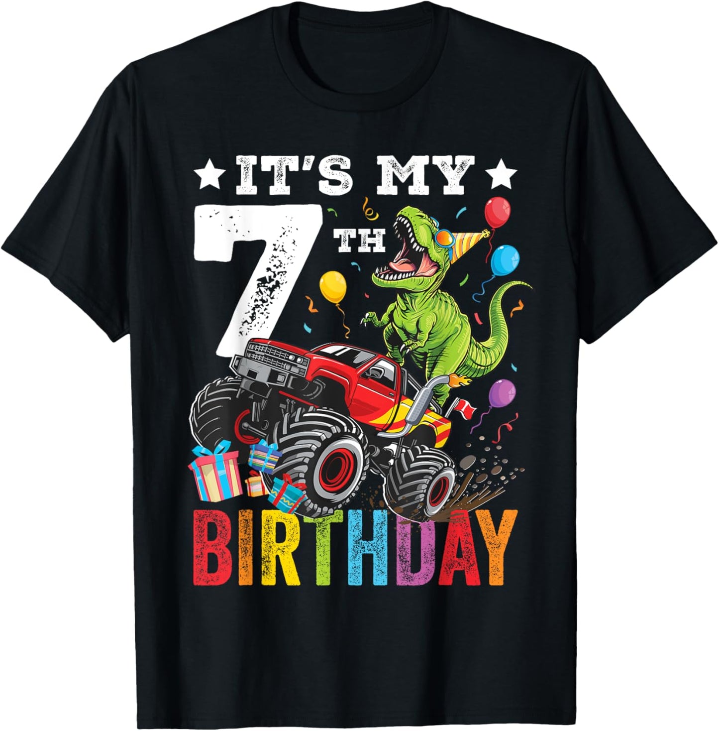 Seven 7th Birthday Dinosaur Monster Truck T-Shirt