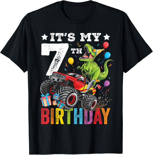 Seven 7th Birthday Dinosaur Monster Truck T-Shirt