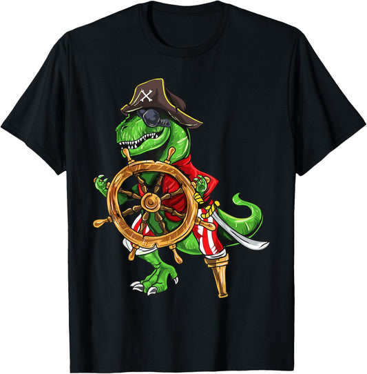 Dinosaur T rex Pirate Hat Jolly Roger Halloween Skull T-Shirt
