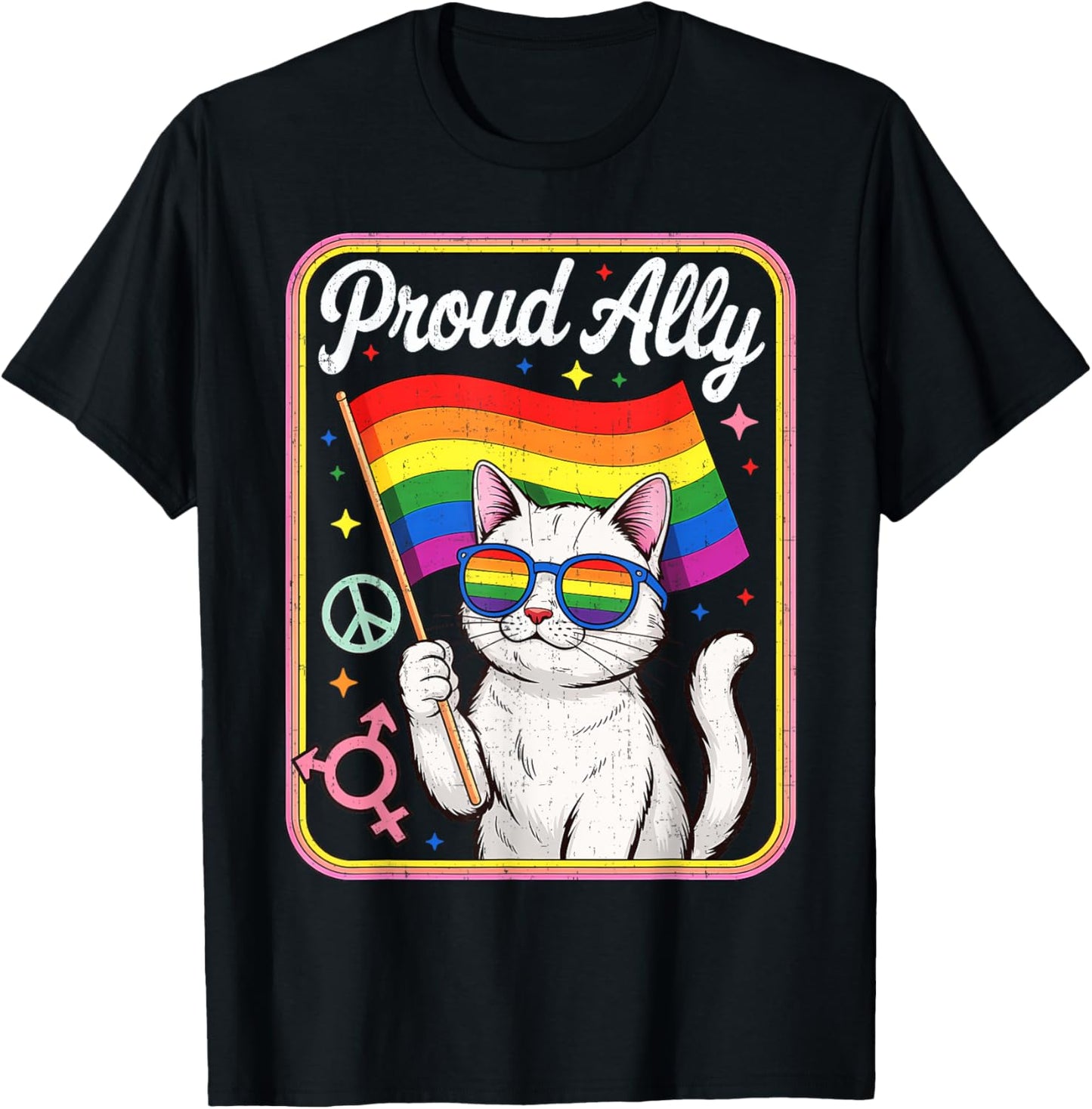 Funny Proud Ally Cat Wearing Rainbow Glasses Flag Men Women T-Shirt