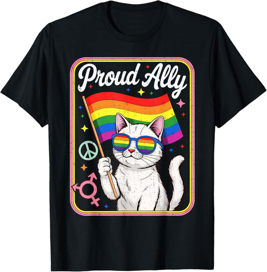 Funny Proud Ally Cat Wearing Rainbow Glasses Flag Men Women T-Shirt