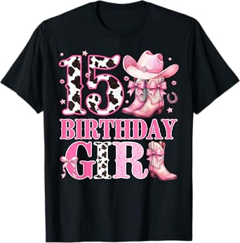 Kids 15th Birthday Girl Rodeo Western Cowgirl Birthday Party T-Shirt