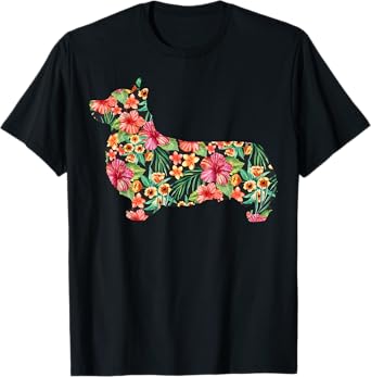 Corgi Flower Funny Dog Silhouette Floral Gifts Women Men T-Shirt