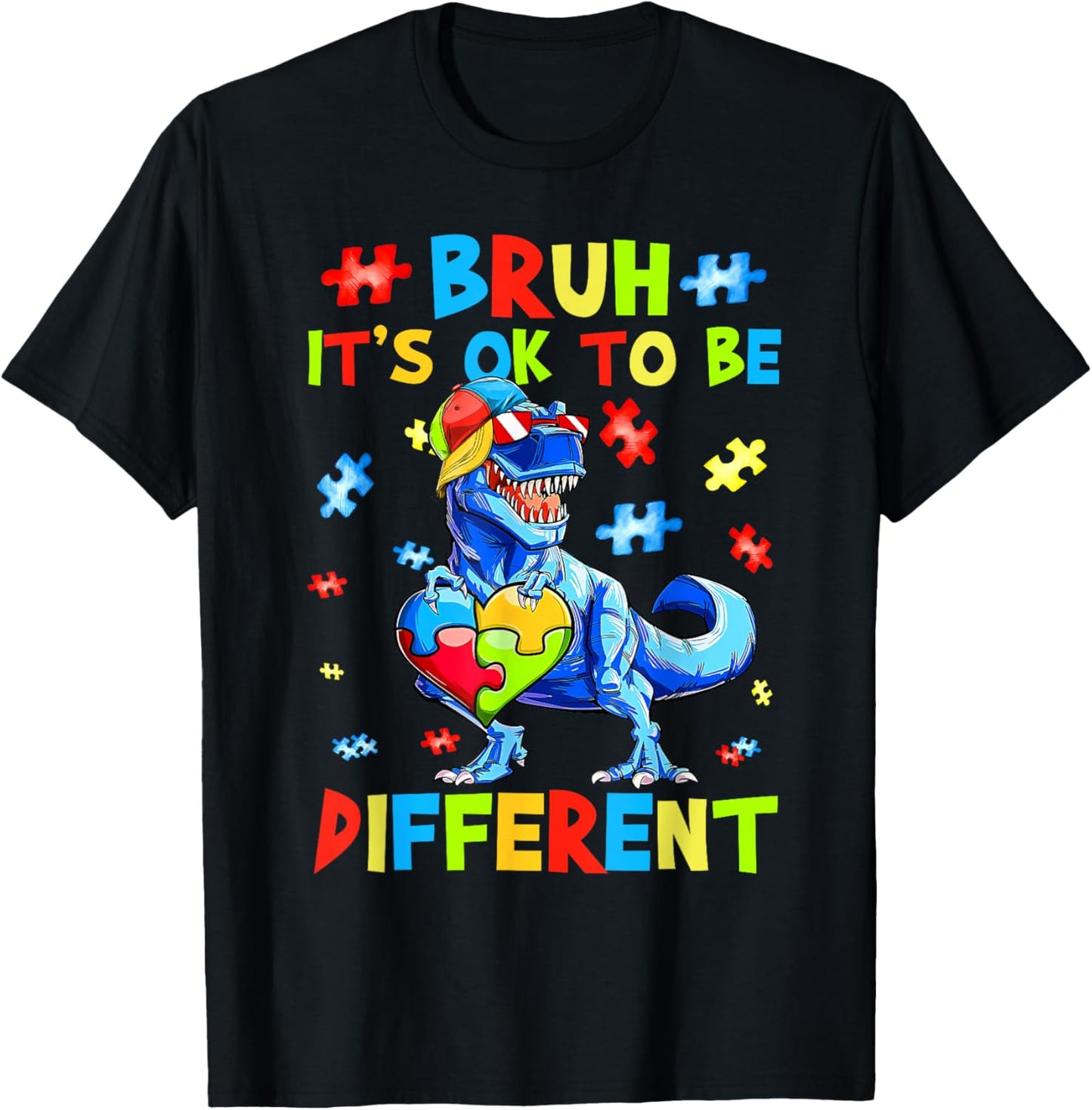 Bruh It's Ok To Be Different Dinosaur T-rex Autism Awareness T-Shirt
