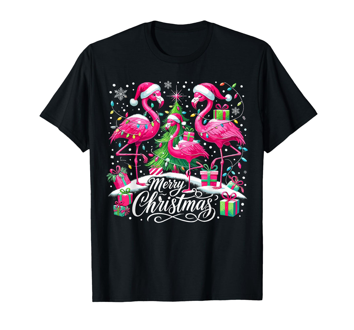 Merry Christmas Hat Santa Flamingo Christmas T-Shirt