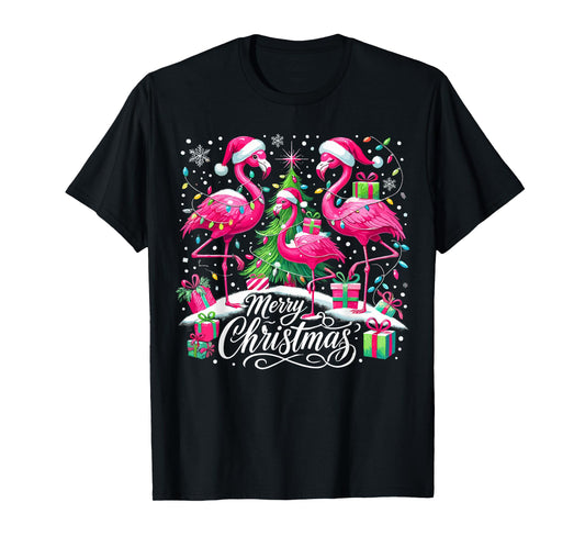 Merry Christmas Hat Santa Flamingo Christmas T-Shirt