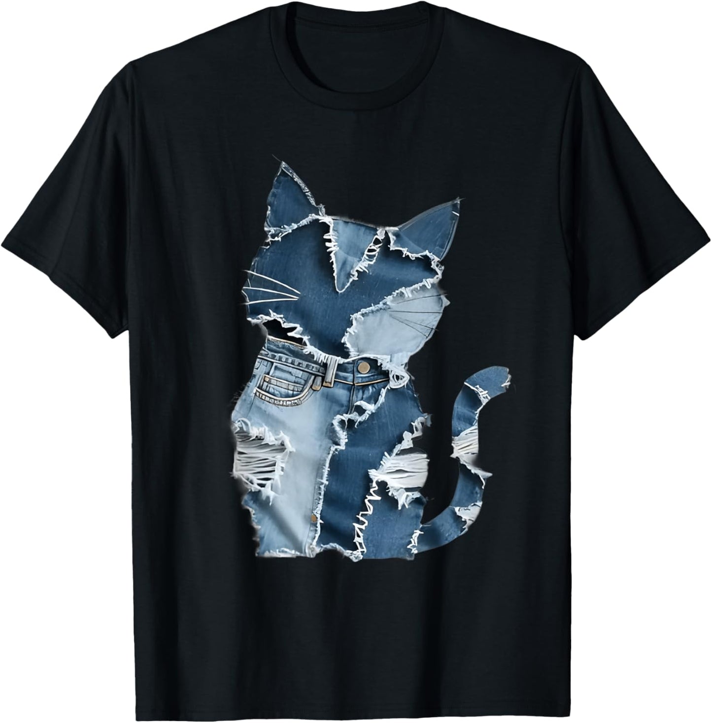 Retro Funny Denim Patch Animal Cat T-Shirt