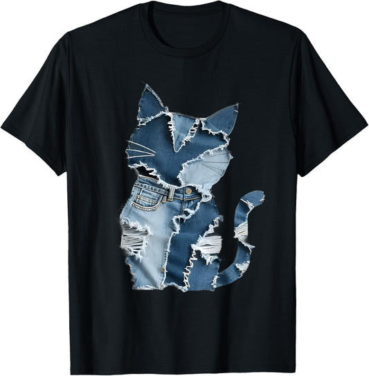 Retro Funny Denim Patch Animal Cat T-Shirt
