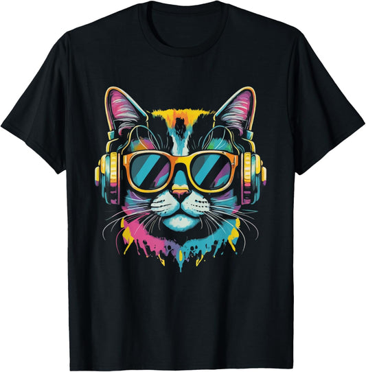 Colorful Cat Sunglasses Headphones T-Shirt