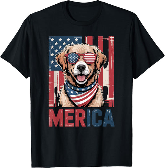 Patriotic US Flag Merica Golden Retriever 4th of July T-Shirt