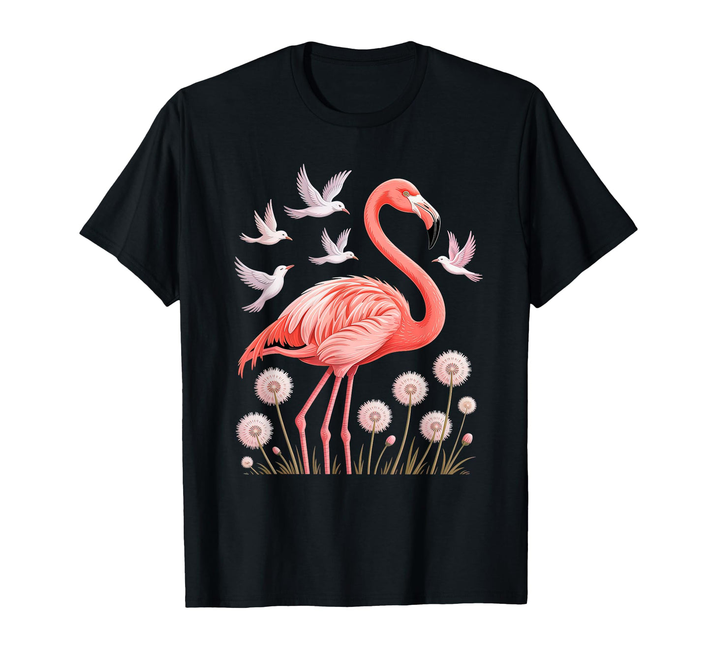 Flamingo with Sunset Colors and Flowers in Nature Scene T-Shirt