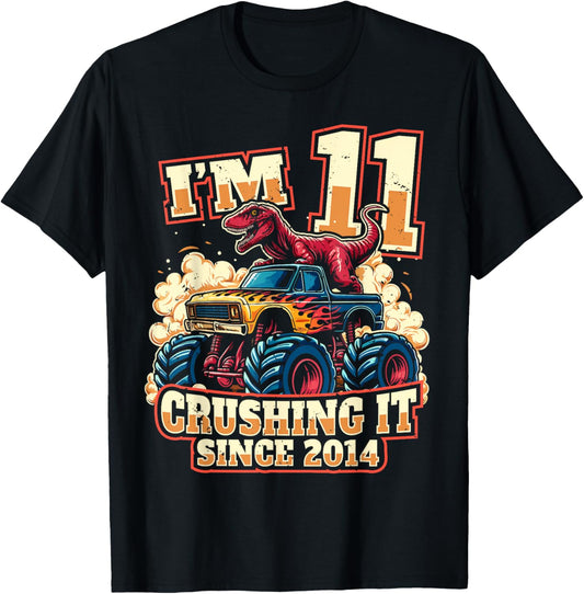 11 Year Old Boys 11th Birthday Dinosaur Monster Truck Party T-Shirt